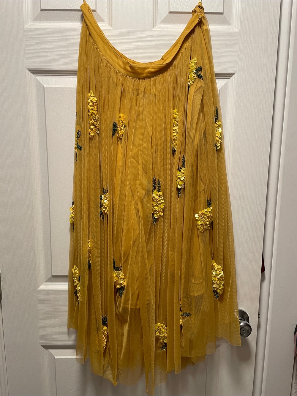 Maeve Mustard Tulle Midi Skirt with Floral Appliqués - Picture 2 of 9